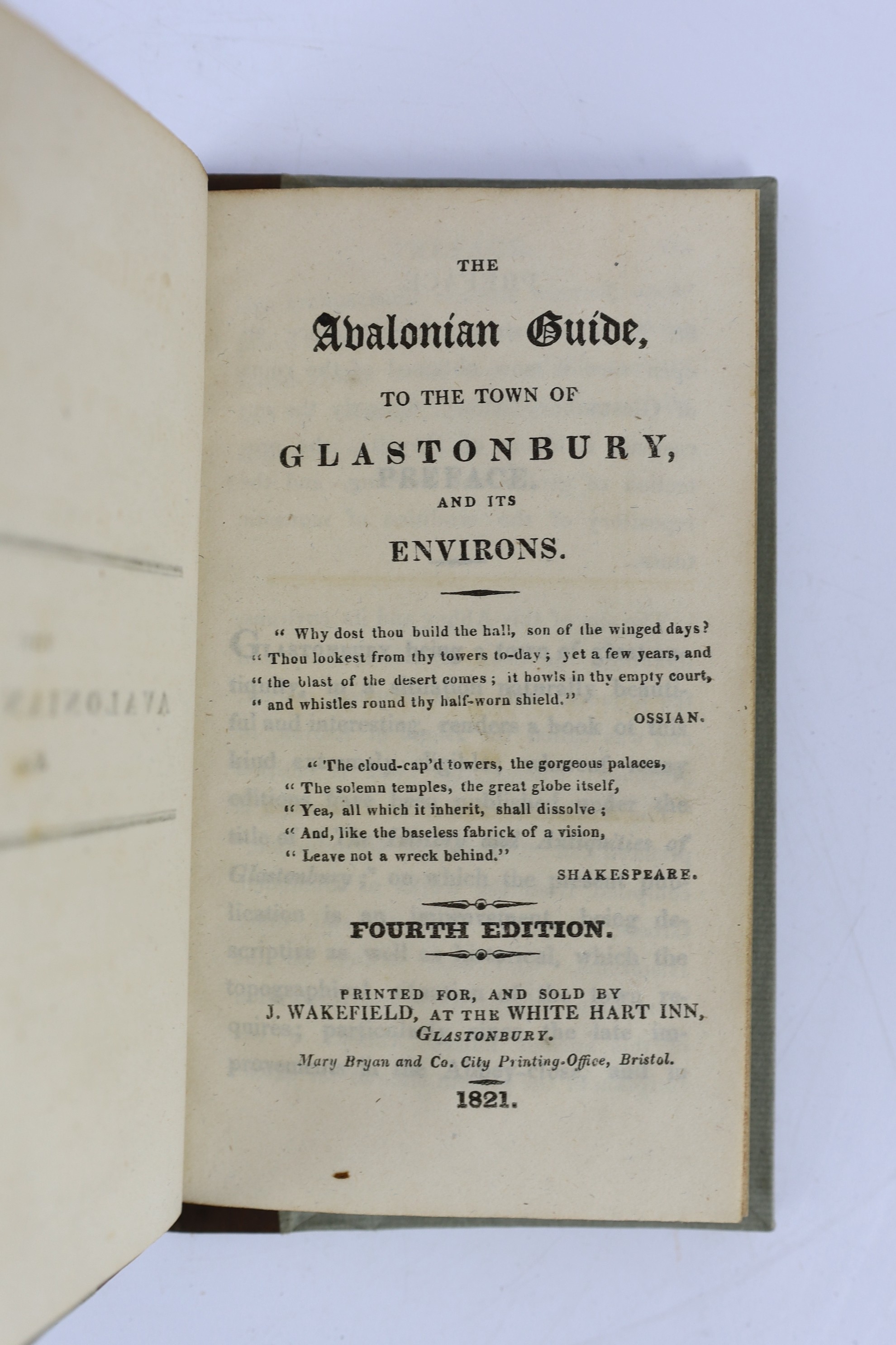SOMERSET: The Avalonian Guide, to the Town of Glastonbury, and its Environs...4th edition. half title; rebound calf backed paper boards, sm. 8vo. Glastonbury, 1821; Adam de Domerham. Historia de Rebus Gestis Glastoniensi